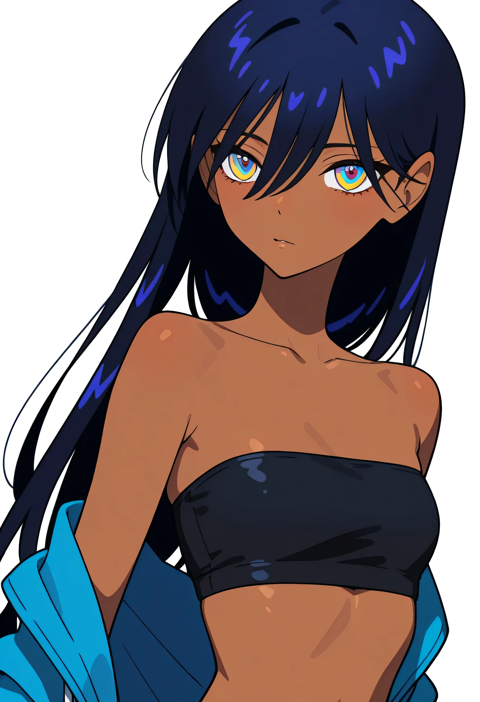 solo、Meow、 Slim、, brown skin , long hair、hair between eyes、bungs、鈍いbungs、dark blue hair、colorful eyes、black tube top  , black bikini , 