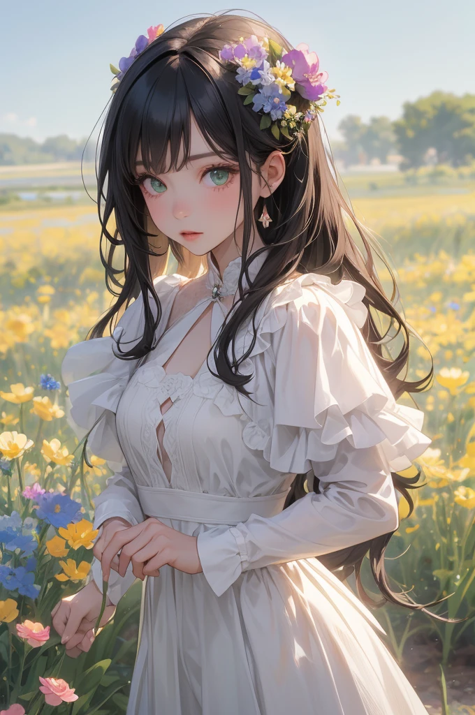 a woman in the background surrounded by a field of flowers