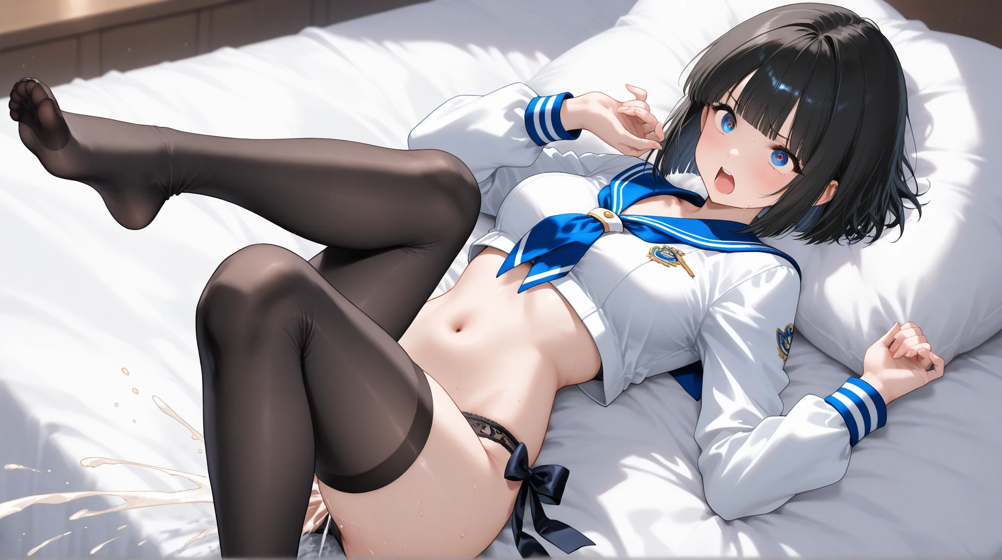 ((Highly detailed white lace panties)), masterpiece,Highest quality,Official Art,Highly detailed CG Unity 8k wallpaper, Mature Woman, Mischievous face,high school girl, Black Loafers, White loose socks, Spread your legs, Sleep on your back on a luxurious bed, Looking at the camera, From above,