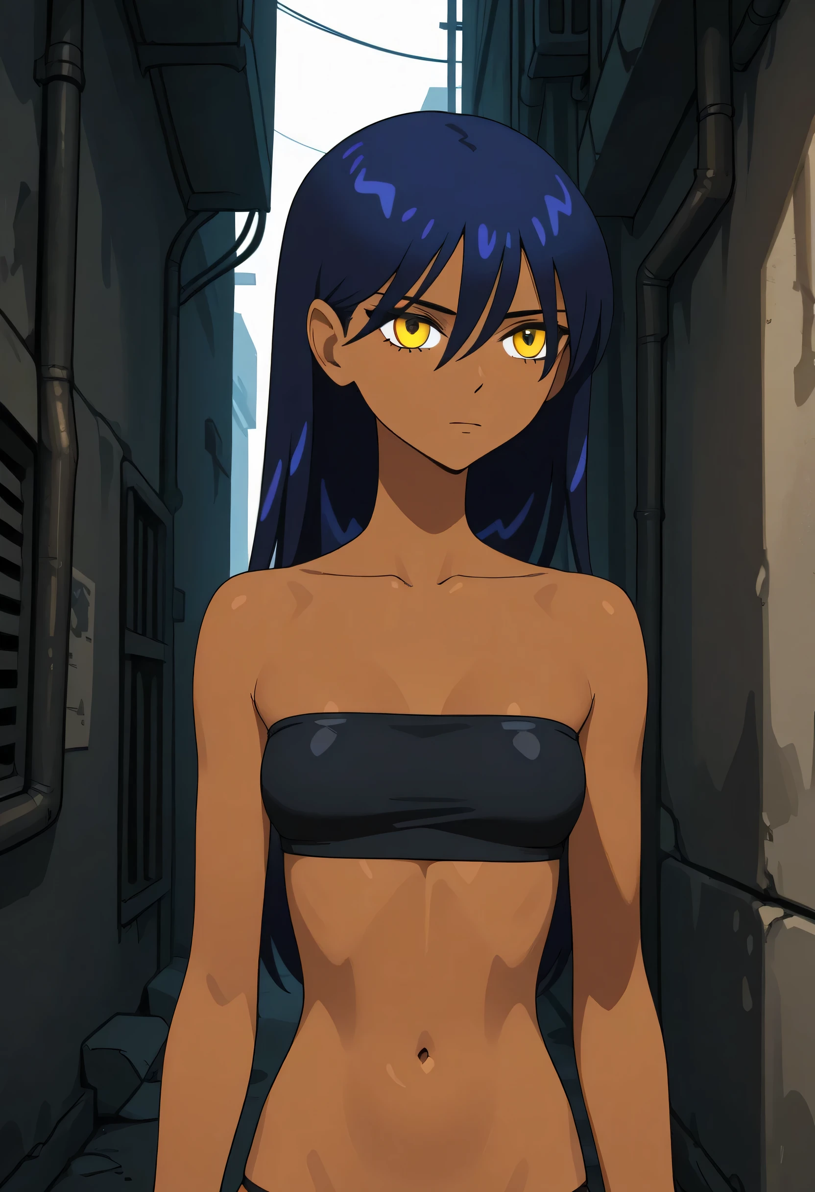 1 girl ,long hair,blue hair,yellow eyes, brown skin,
black tube top , black bikini , standing with limbs apart , upper body , alley,