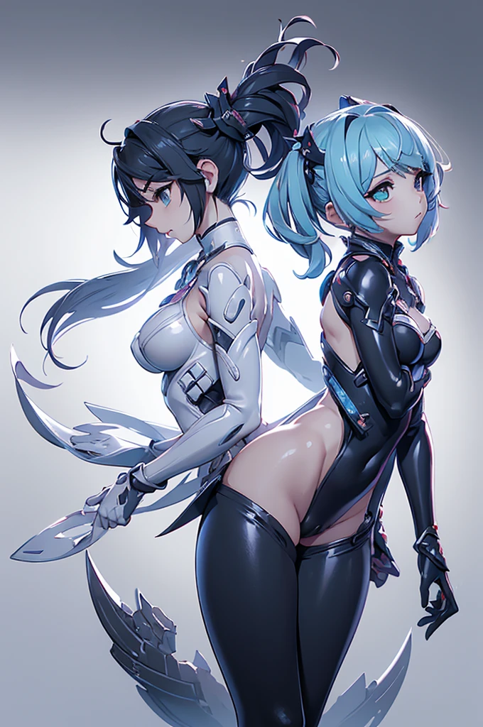 anime - style image of two women in black and white costumes, oppai cyberpunk, focus on two androids, gainax anime style, cutesexyrobutts, black-white skintight robes!, cybersuits, nsfw version, commission for high res, anime robotic mixed with organic, by Shingei, gynoid body