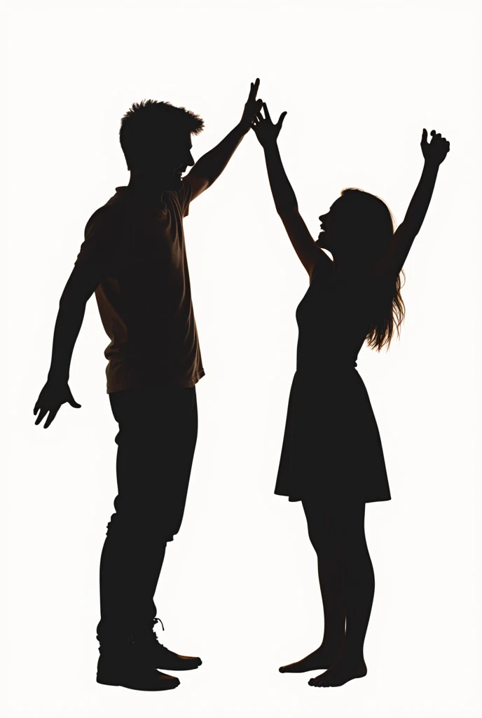 Make me a background image of a man's silhouette:
Position: Standing from the side.
Hands: Pulled up, as if reaching for the sky.
The view: Facing up, looked up at the sky.
pose: Body upright with arms straight up, trying to achieve something on it.
Female Silhouette:
Position: Floating in the air, with feet up.
Hands: Stretching down, want to grab a man's hand.
pose: Body leaning down with hands reaching for man's hands, as if trying to connect or prevent separation.