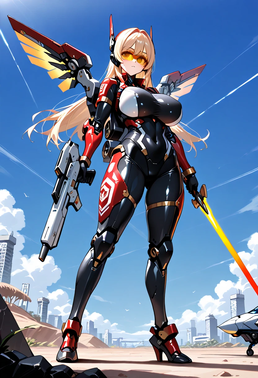 mecha,mecha musume,mecha,robot,1girl,breasts,solo,blue eyes,large breasts,weapon,blonde hair,gun,sky,looking at viewer,ponytail,long hair,holding weapon,holding,holding gun,bangs,star (sky),hair intakes,wings,armor,closed mouth,thighhighs,gloves,starry sky,rifle,headgear,sidelocks,full_armor,

headgear,thigh,bare skin,

