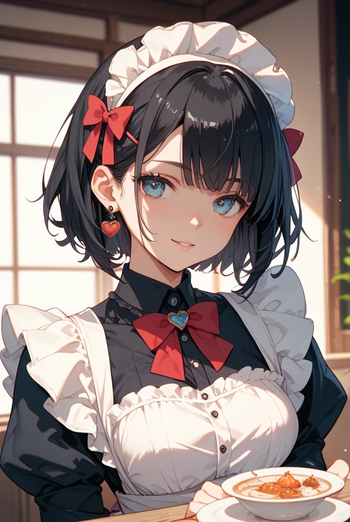 very cute girl、((11 years old))、Blue-black hair、bob hair、red eyes、(Black with red ribbon dress)、white lace panties、I can see your panties、smile、night