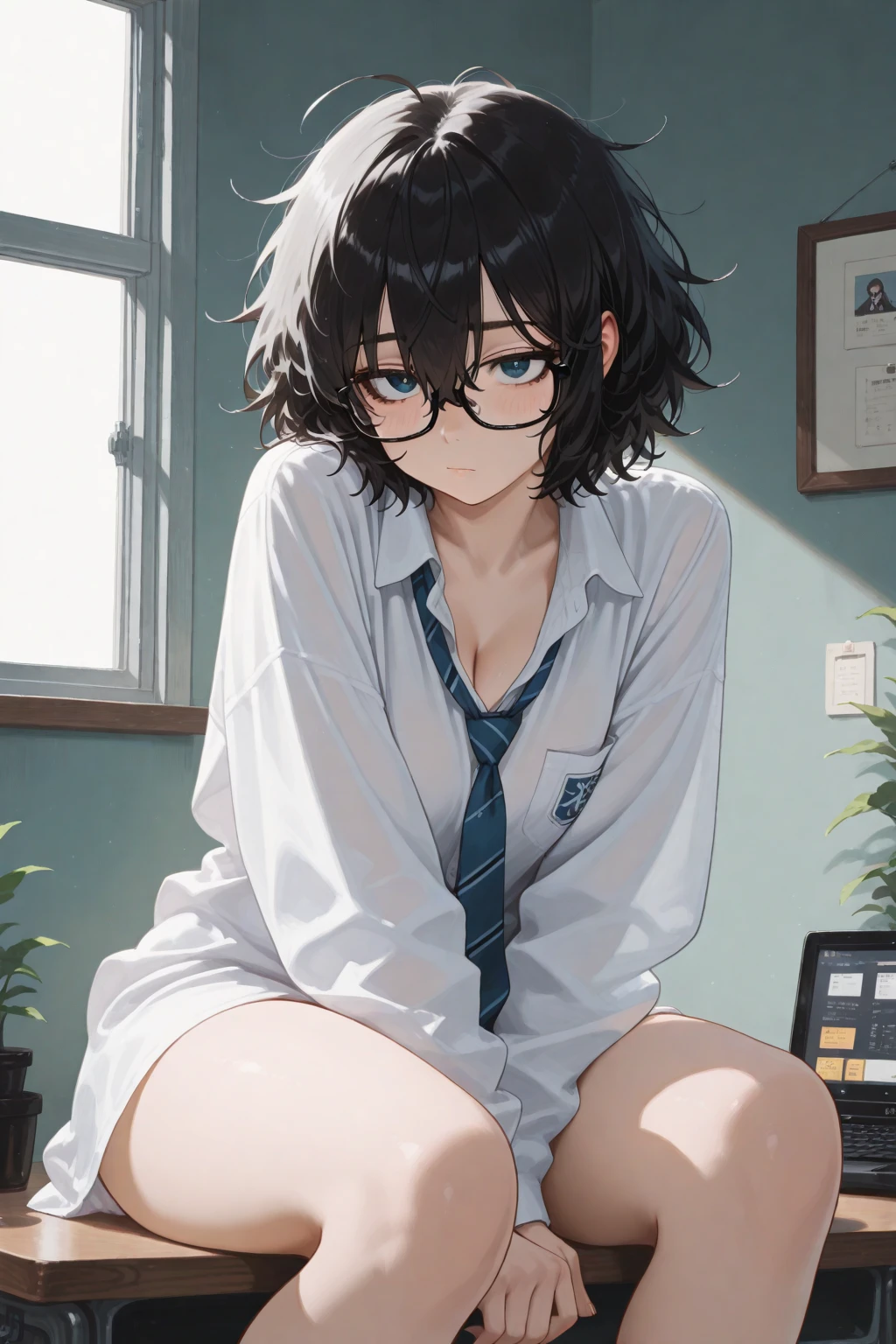 <lora:_sdxl-25D-Style:2.0> _25D-Style, 1girl, glasses , teen , medium breast , brown eyes, vivid burgundy hair, short hair , pixie cut, streaked hair , hair_pulled_back, hair flaps , :8, , , POV, school uniform , white long sleeve hoodie , loose socks, sneakers , , extremely quality extremely detailed, illustration, cute anime face