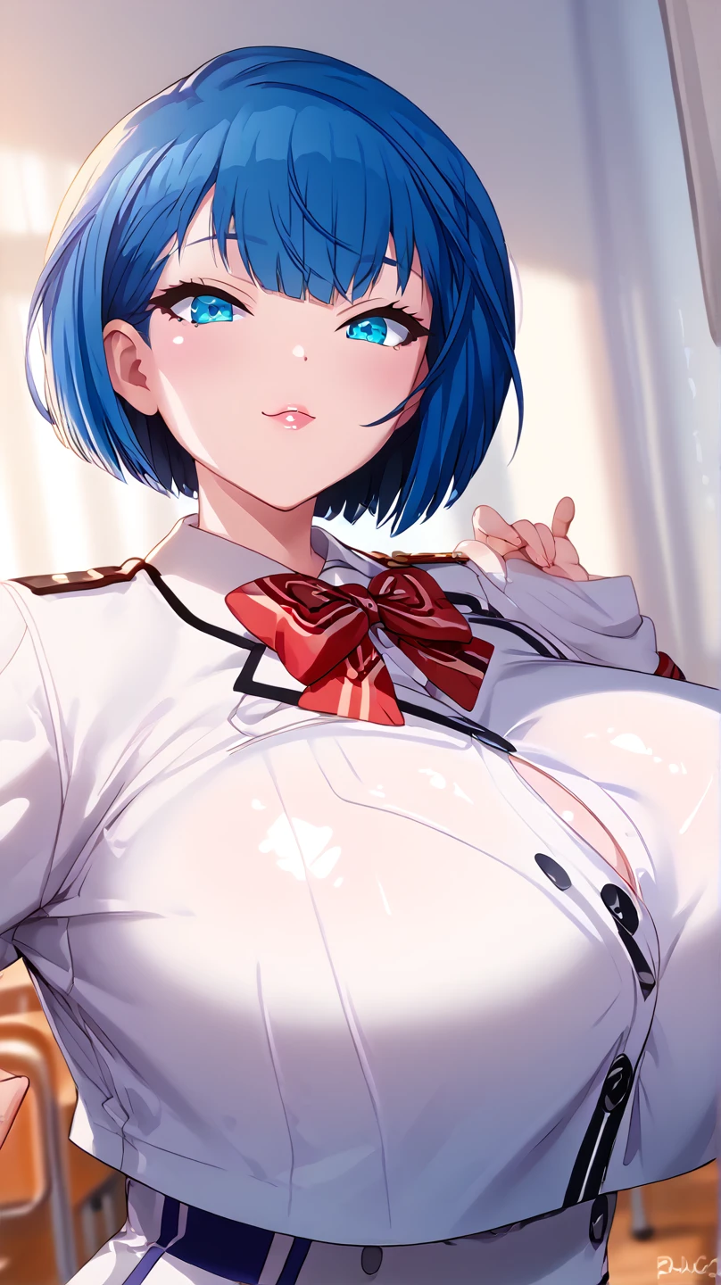 mastute piece,Best Quality,insanely detailed,8k cg,nsfw,
(shoot upper body:1.3),
(1girls:1.3),standing,looking at viewr,body in front,(arms behind back:1.4),(military ornaval uniform:1.3),(bare :1.2),(bare nipplesbreak,
blush,shy,(ecstasy face),ing:1.2),break,(light blue hair:1.3),
break,
perfect breasts,perfect teatsmouth:0.9),(large breasts:1.2),
(military base