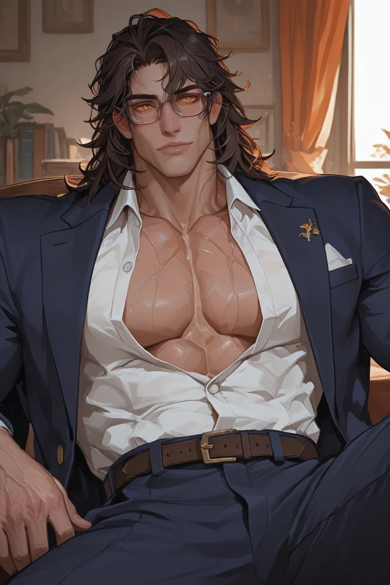 ultra detailed image. porn. nudes Male Focus NSFW Anime Styles. Man with lab coat. 30cm large penis. big testicles. Scenery of a dark gray room with polished and polished walls with an ultra polished and polished silver table. Research Board in the background. A strong muscular little bearded adult. sitting with legs spread out. 50 years old handsome and seductive heartthrob. he's naked. goatee on chin muscular man beautiful medium hair with bangs. Wearing a loose, flowing brown coat. ultra-shiny and polished bronze bracelets. cloaks covering the brown body with pen in pocket, Brown hair. Light beige suit under coat. Covered chest. handsome human male detective.He is naked.