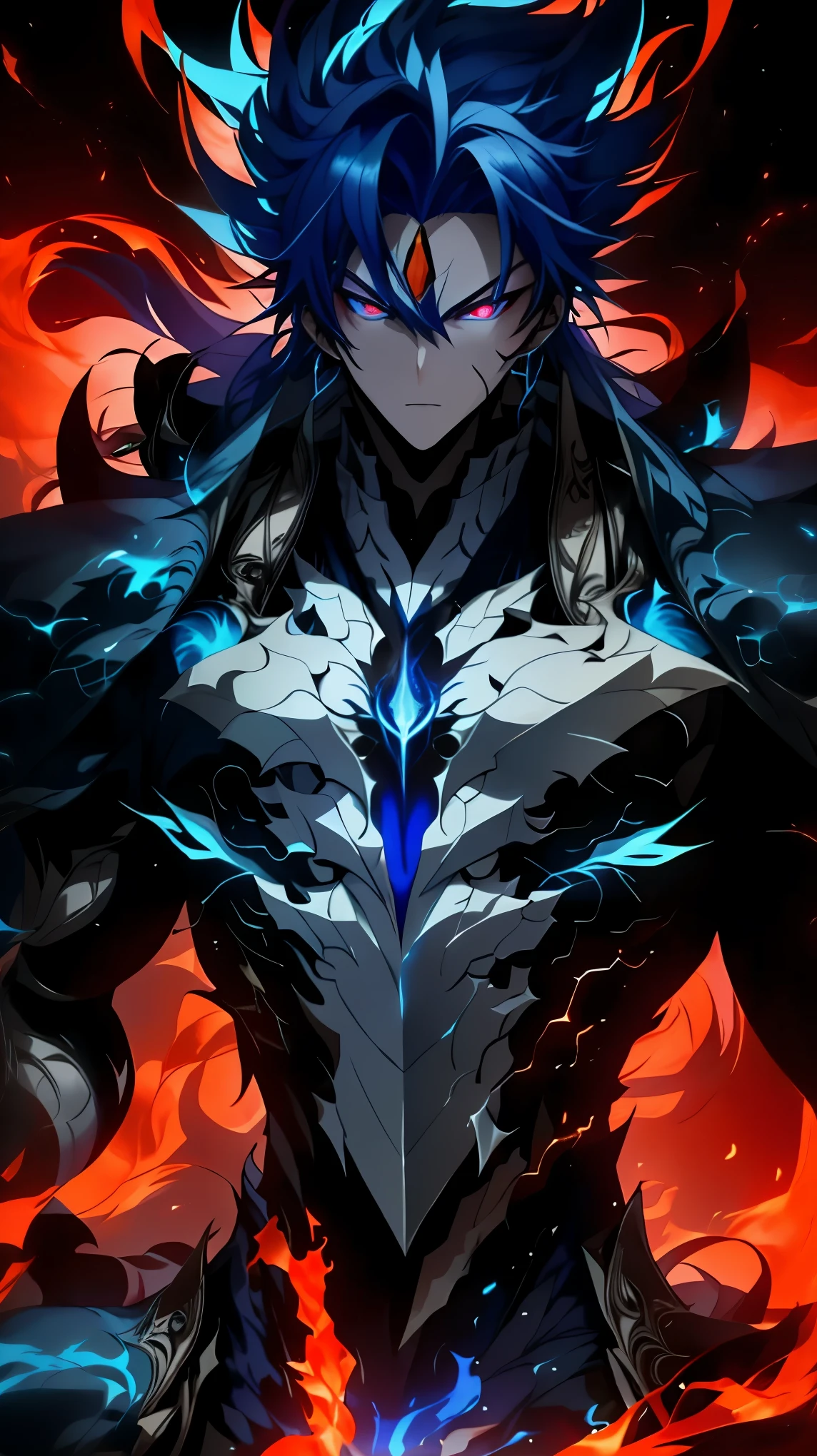 Experience the awe-inspiring transformation of the Blue Vageta God as he unleashes his full potential, with stunning renderings of his fiery aura and piercing red eyes.