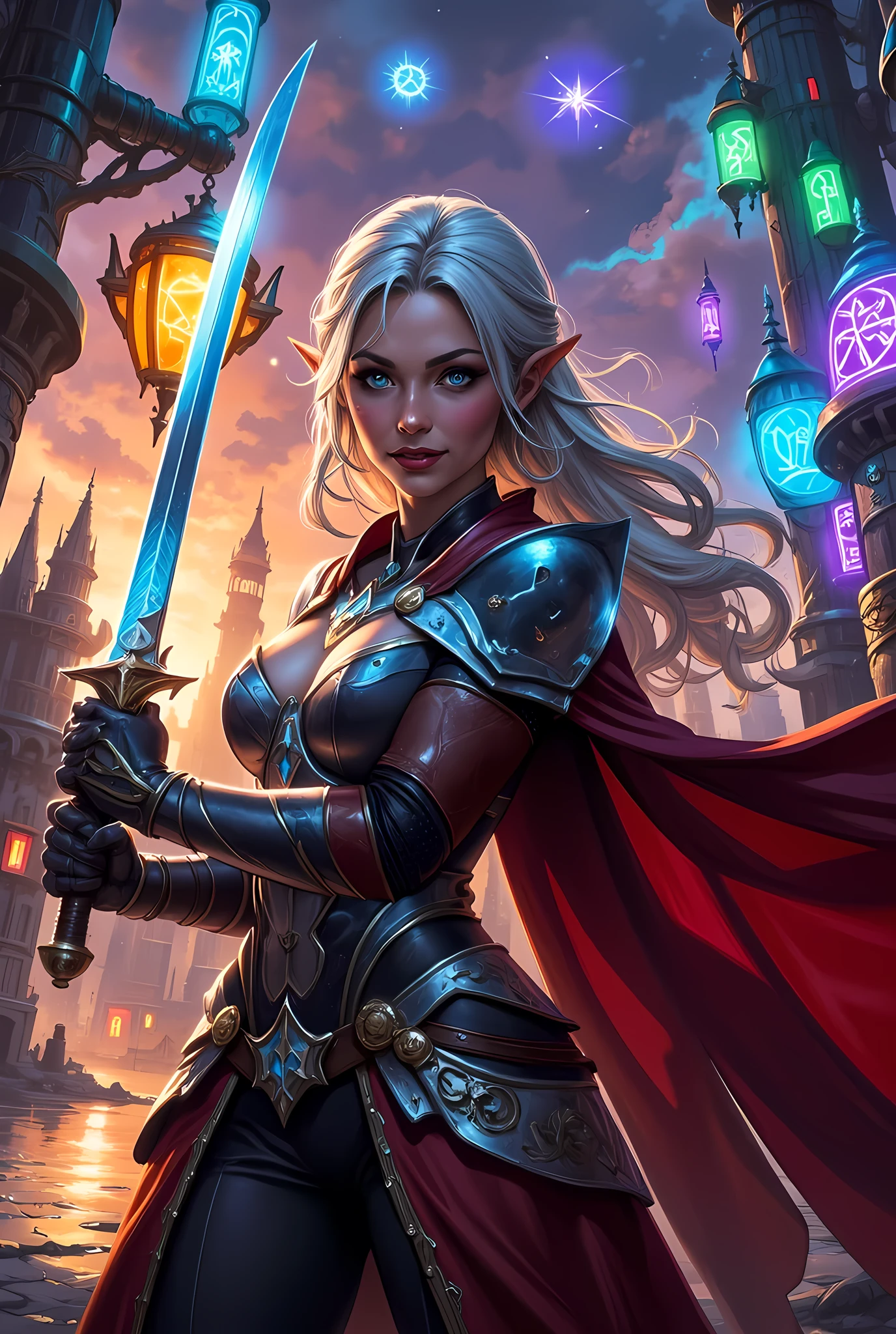 a picture of a female elf (intense details, Masterpiece, best quality) fantasy swashbuckler, fantasy fencer, armed with a slim sword, shinning sword, metallic shine, colorful clothes, dynamic clothing, an ultra wide shot, full body (intense details, Masterpiece, best quality)epic beautiful female elf (intense details, Masterpiece, best quality), rich hair, flowing hair, silver hair, small pointed ears, action shot, GlowingRunesAI_red , colorful magical sigils in the air, colorful arcane markings floating,  holding a sword (intricate details, Masterpiece, best quality), fantasy urban street (intense details, Masterpiece, best quality),  red cloak, long cloak (intense details, Masterpiece, best quality), sense of daring, sense of adventure,  high details, best quality, 8k, [ultra detailed], masterpiece, best quality, (extremely detailed), dynamic angle, ultra wide shot, photorealistic, RAW, fantasy art, dnd art,fantasy art, realistic art, Celestial Fantasy, zavy-ctcmcs, w1n, hyp3rd3tail style