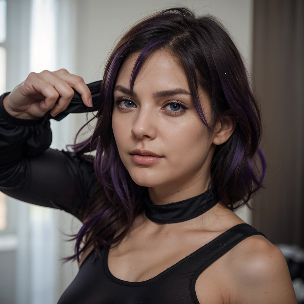 a close up of a woman with a black top and purple hair, a beautiful model, beautiful female model, shot 8 k, attractive female face, beautiful young woman, young beautiful woman, high quality portrait, cinematic headshot portrait, 60mm portrait, attractive young woman, 4k headshot photography, gorgeous young model, color portrait, partying in the club