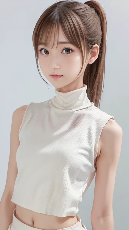 best quality, photorealistic, 8k, high res, 1girl, woman, (skindentation), (portrait:0.6), ((whitebackground:2.1)), ((smallsize round breast, tight clothes, sleeveless tshirt)), straight-looking at viewer:1.8, (1girl eyes looking at viewer:1.45, medium-length hair, brownhair, partedbangs:1.15), photorealistic, (bokeh), gorgeous, <lora:CBAV-yua:0.65>