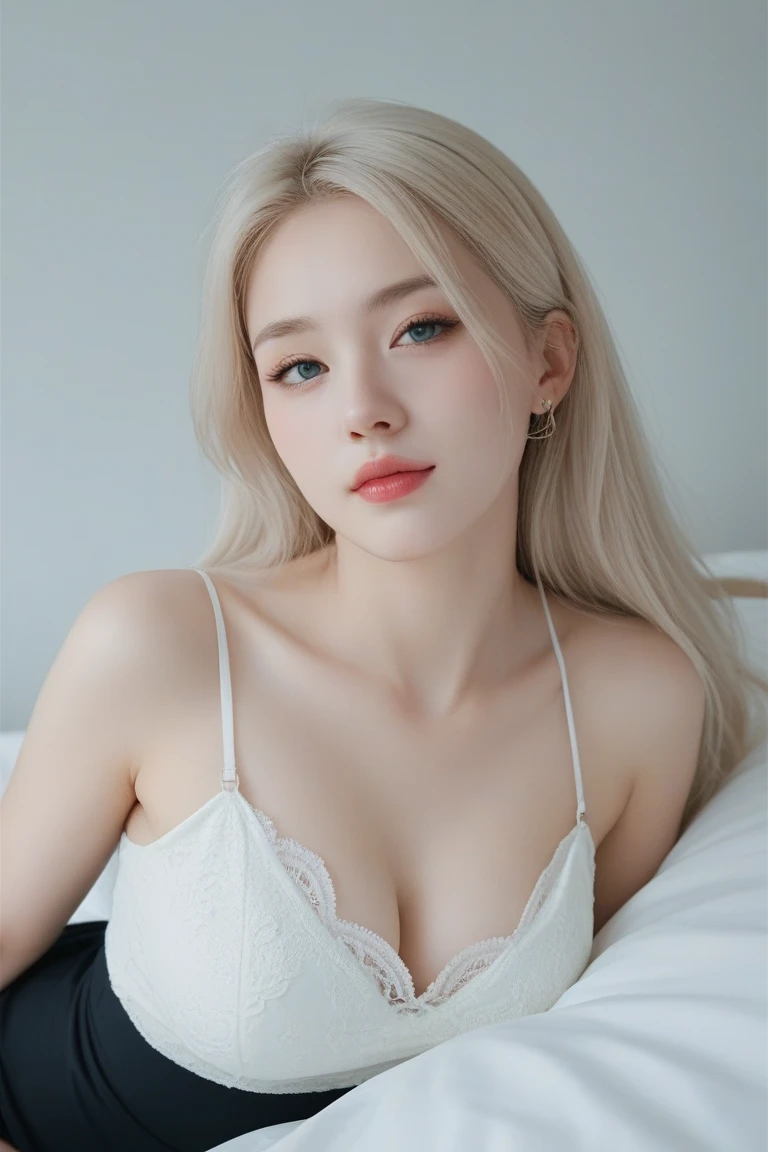 (8k, RAW photo, highest quality, masterpiece: 1.2), (ultra-realistic, photorealistic: 1.3), young blonde beauty, (winter sleepwear), ultra-fine depiction, erotic, ultra-fine paint. Bed with white sheets, pleasant face