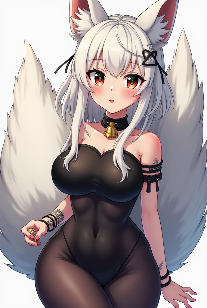 masterpiece, best quality, kitsune 1girl, solo, beautiful kitsune woman, fox ears, bangs, white hair, very long hair, blue eyes, smug, medium breasts, black choker, black bra, black panties, 5 white fox tails, white hair, cowboyshot looking at viewer