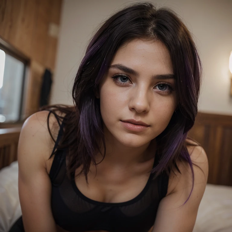 best qualityer, work of art, high resolution,girl with short purple hair brown eyes with black sweatshirt,bedroom with led
