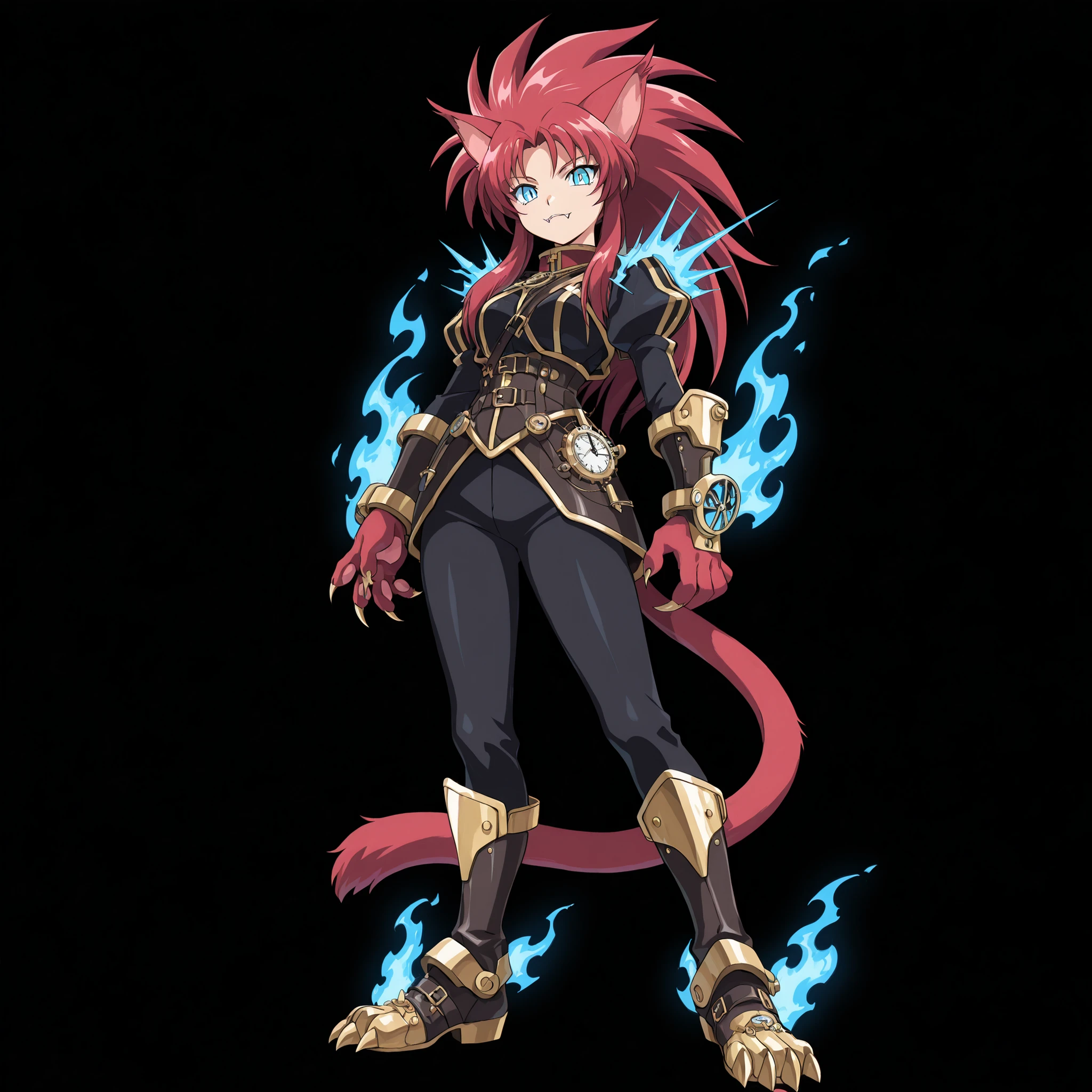 ((solo:5.5)), score_9, score_8_up, best quality, masterpiece, 2d, intricate details, official style, anime, anime style, full body picture, catgirl, 1girl, red hair, spiked hair, blue eyes, enchanting eyes, wild hair, long hair, fangs, animal ears, pointed furred ears, red ears, red cat tail, furred cat ears, thighs, short hand claws, wearing steam punk armor, clockwork, dark pants, clawed boots, black background, standing pose