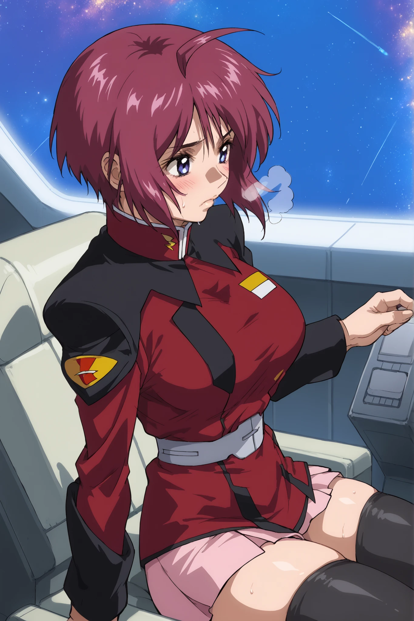 score_9,score_8_up,score_7_up,score_6_up,score_5_up,score_4_up,anime coloring,source_anime,anime screencap,lunamaria,1girl,solo,blue eyes,red hair,short hair,ahoge, destiny jacket,belt,pink miniskirt,pleated skirt,black thighhighs,solo, be shy of, blush, large breasts, slender waist, wide hips, big thighs, collapsed breasts, heavy breathing, Sweat stains everywhere,looking away, arena, dynamic angle, tired, heavy breathing, grinning, sitting, cockpit, piloting, gundam pilot, from side, space, struggling, in a fight, spread legs