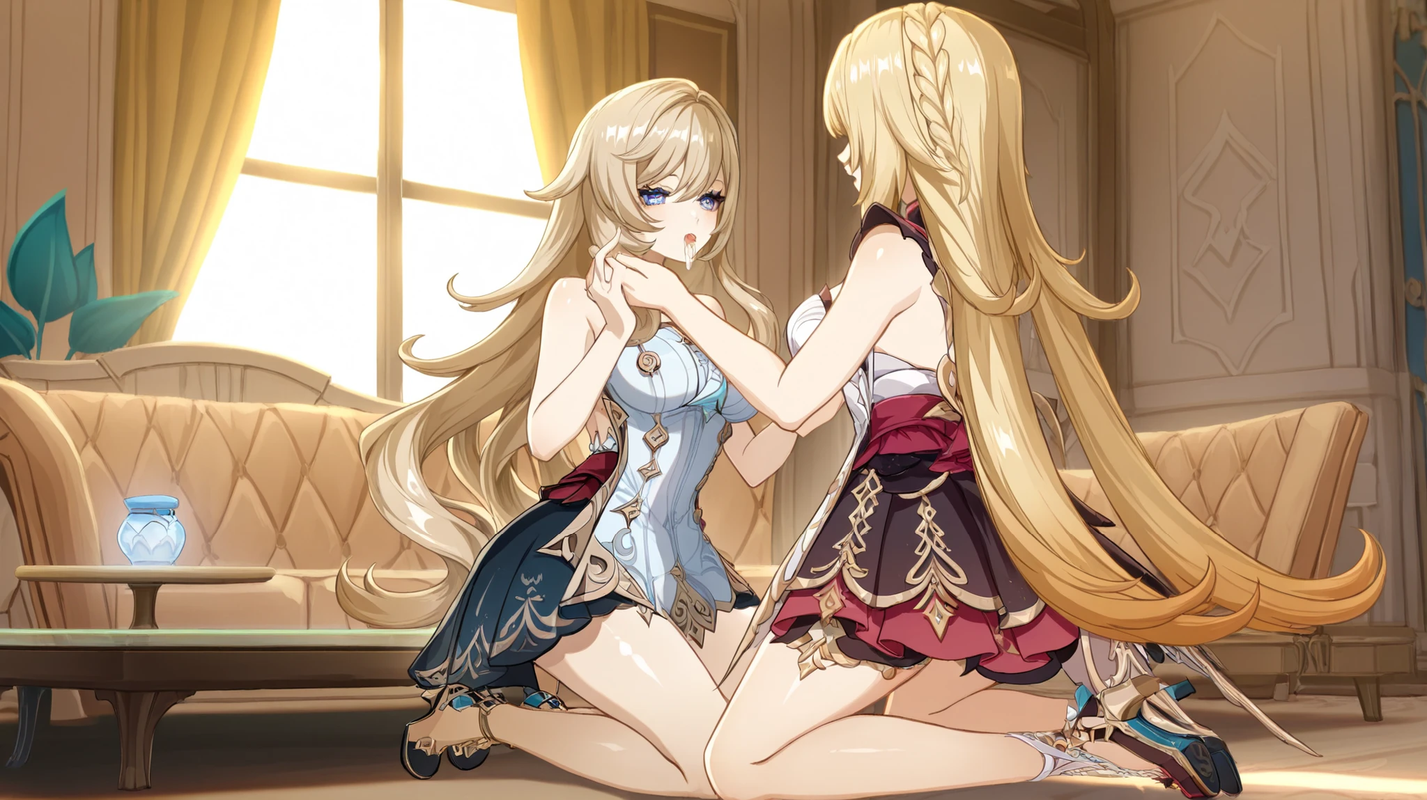escoffier, navia (genshin impact) two young women playfully interacting with each other in a modern living room setting. the image also shows a cozy living room with a beige sofa, a glass coffee table, and beige curtains. on the left side of the image, a young woman with long blonde hair, drill hair, wearing a white shirt and a plaid skirt, appears to be in her mid-twenties, facing away from the camera. she is holding a white apron in her hand, while on the right side, ((escoffier (genshin impact))  a 20-year-old woman with long blonde hair, also in a similar age, is kneeling on the floor, facing the same direction, with her mouth open and a playful expression on her face. she has a slim body and is wearing black high heels. the room is well-lit with natural light coming through the large window, casting soft shadows. 2girls, unrivaled beauty, fit female, bare shoulders, eyelashes, porcelain skin, good-looking, ufotable, bare legs, shiny skin, large breasts, blue eyes, symbol-shaped pupils, hair between eyes,  very long hair  