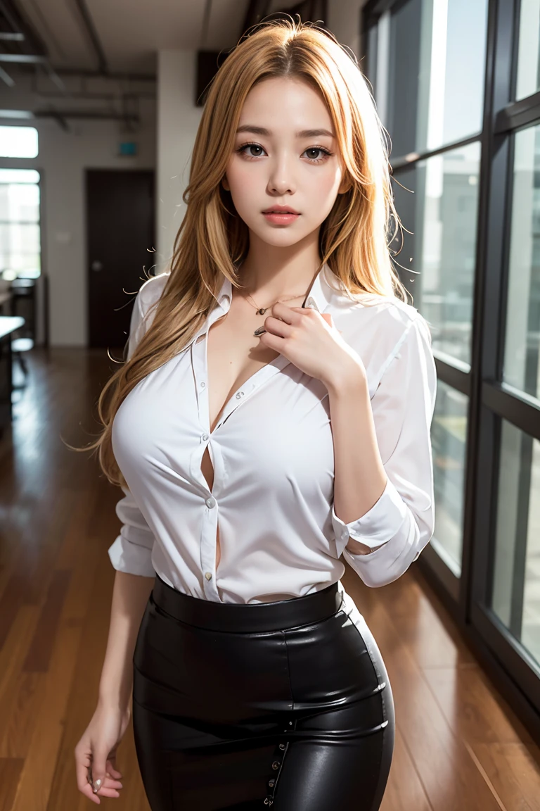 1girl, (Blue eyes), (Smile), (Sana Minatozaki), wide hips, Big Boobs, big ass, round butt, (Best Quality, 8k, Masterpiece: 1.3), perfect hands, Clear Focus: 1.2, Perfect Body Beauty: 1.4 , Slender Abs: 1.2, Highly detailed face and skin texture, detailed eyes, double eyelids, (blonde long hair), (black formal mini skirt, white cleavage shirt :1.3), (sexy secretary :1.3), standing, dynamic pose, in an office, windows in the background