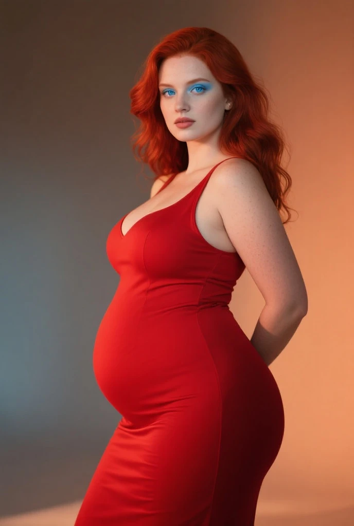 Sexy pregnant spy, wavy red hair, blue eyes, black leotard