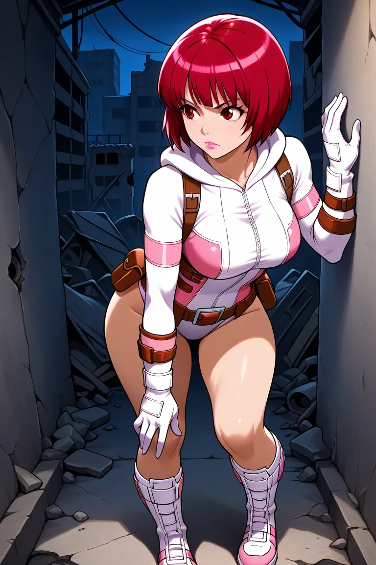 Megumi Shinigami, solo, 1 girl, MILF, mature, red hair, short hair, bangs, straight bangs, eyebrows hidden by hair, red eyes, breasts, average breasts, hips, average hips, straight hair, lips, pink lips, highlighted lips, gloves, average breasts, Gwenpool, pink and white leotard, utility belt, bending over, leaning against wall, pause, full body, pause, pink and white swimsuit, serious look, investigating, abandoned building, night