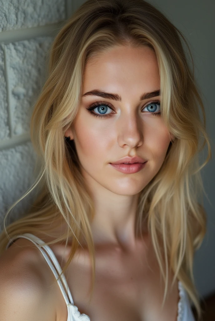 portrait of face and breast, a 22 years old white girl, long light blonde hair, (busty), Best quality, Highly detailed face,, corrugated, (dark blue eyes) in an apartment, ((naked)), detailed (textures!, Hair!, brightness, color!, imperfections:1.1), highly detailed bright eyes, (Looking at the camera), specular lighting, digital SLR, ultra quality, sharp focus, sharp, DOF, film grain, (center), Fujifilm XT3, crystal clear, center of frame, Cute face, sharp focus, daylight, (focus on face and breast)