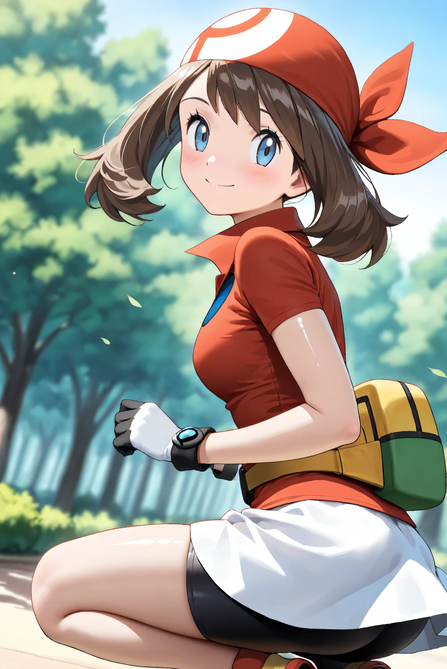 dotamirana, best quality,best animated,masterpiece, 8K-Illustration, Hyper Detailed, perfect anime illustration, ((suspension)), ((feet off the ground)), ((1girl)), ((solo)), arms behind back, ((full body)), upper body leaning forward, under a tree, ((branch above)), ((forest background)), ((blushing, scared)), (((view from above))),
<lora:feet+off+the+ground,suspension-000009:0.6>,
pikkytrainer, 1girl, hat, red baseball cap, gloves, fingerless gloves, breasts, leggings, choker, looking at viewer, solo, black gloves, belt, red cropped jacket, red shorts, medium breasts, long hair, ponytail, brown hair, blue eyes<lora:Trainer:0.8><lora:Trainer:0.8>