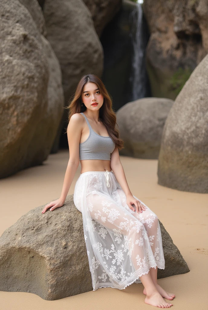 Capture a serene and alluring moment in a tropical oasis setting. The indonesian model, dressed in a vibrant blue short and a sheer white crop top, is kneeling by a tranquil water feature, creating a harmonious blend of natural beauty and human elegance. Her pose is relaxed yet confident, with one hand touching her hair adorned with a delicate flower, adding a touch of grace and femininity.