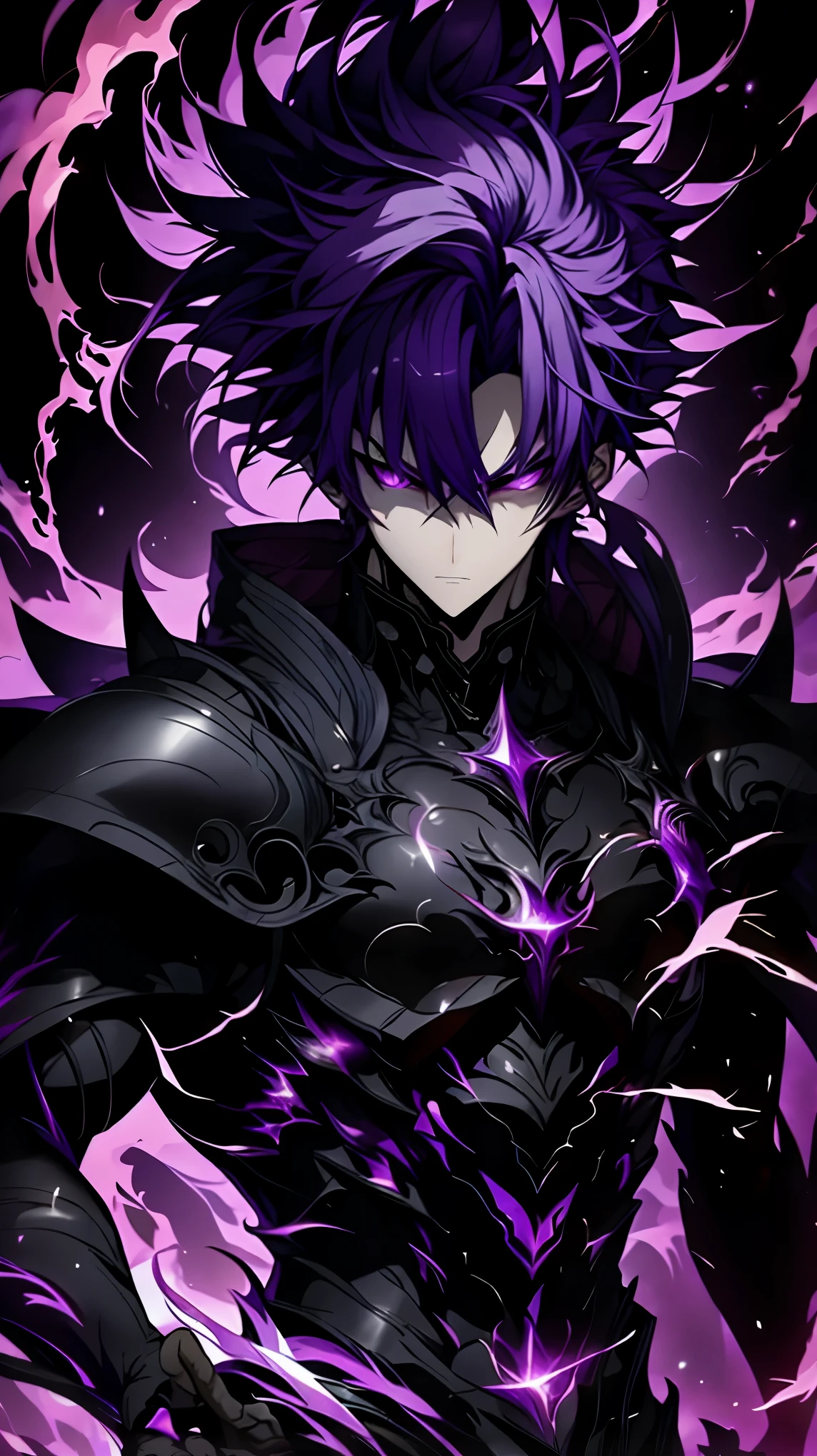 a male anime character with black and purple hair and purple eyes, character album cover, full art, antasy character, full art illustration, full portrait of elementalist, character profile art, official character art, official character illustration, merlin, high detailed official artwork, game key art, omoide emanon, oz, mobile game art, mean face , black and purple hair, spiked dark armor, walking pose, purple flames, dark castle on the background, full body armor, dark knight