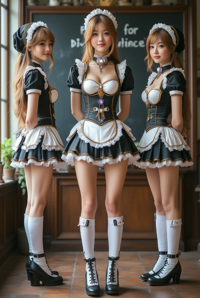3 princesses elfe, multicolor hair, corset sexy, pantyhose, skinny body, big boobs,