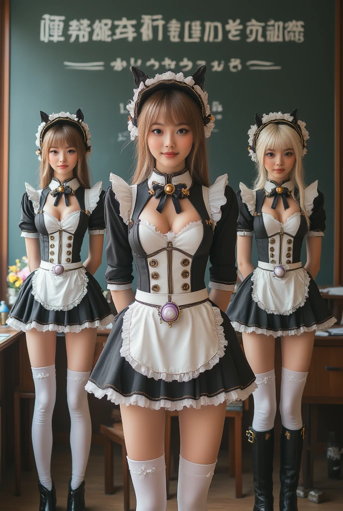 SFW, ExtremelyDetailed (((Kawaii Maid Girls Group in a row:1.37))), Childish perfect face, Reflective Eyes, Detailed(Delicate Clothing textures), Dynamic Joyful Expressions LifeLike Rendering, (Specular Reflection:0.2), TopQuality 8K Ultra-detailed masterpiece (ProfessionalPhoto:1.37), (Acutance:0.8), (Luminism:1.28), (Light particles:0.75), (Muscle:-0.5), (from side ) 