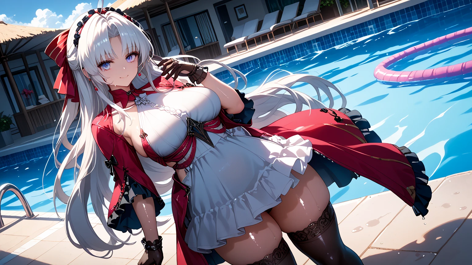 view straight standing in full height soaring 15 centimeters above the water mystical blood mage young beautiful little elf vampire long ash hair red eyes serious expression dark open top on the chest sports shorts without shoes cutout on the chest open breasts size 2