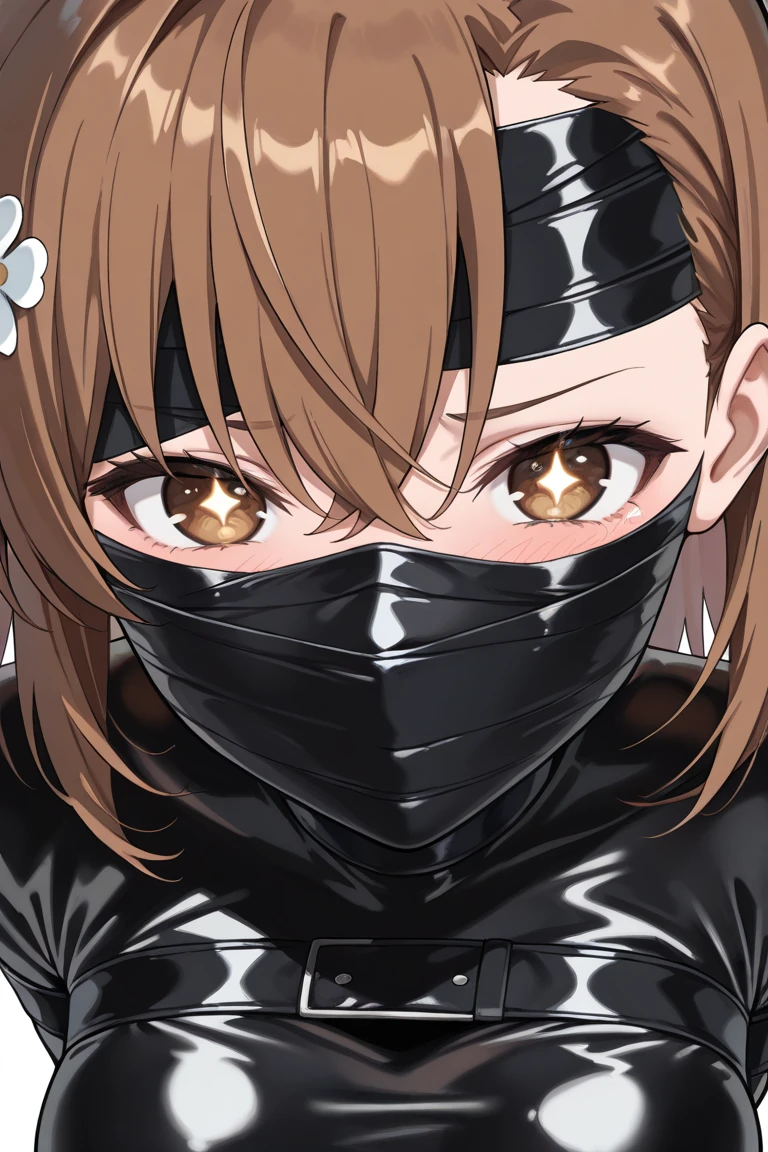 A thick girl with short brown hair kneeling on a table in a bondage club, ponytail, blindfold, plug gag, gimp suit, flushed, aroused, restrained, 30 years old, interior, onlookers, ultra detailed, vivid, volumetric lighting, 8k, view from above