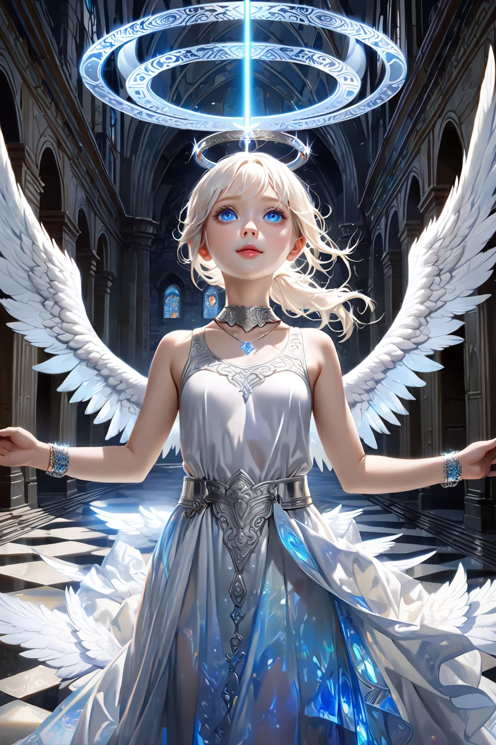 A white angel, clothes, fantasy, angel, small horns from the front of the the head, blue eyes, full body, female, angel, large white feathered wings on her back, pointed ears, clothes, halo