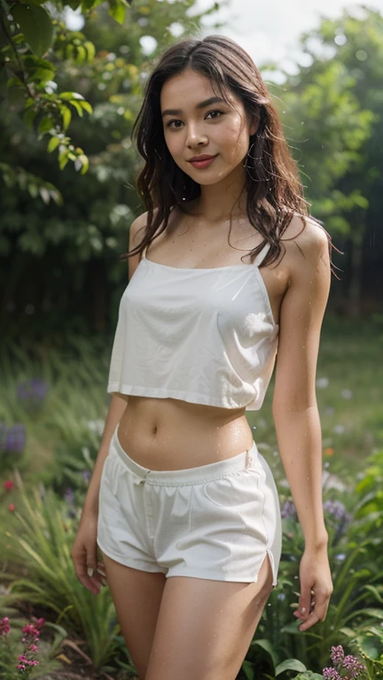Crie uma imagem de uma mulher com cabelo castanho, vestindo uma roupa casual e sorrindo
