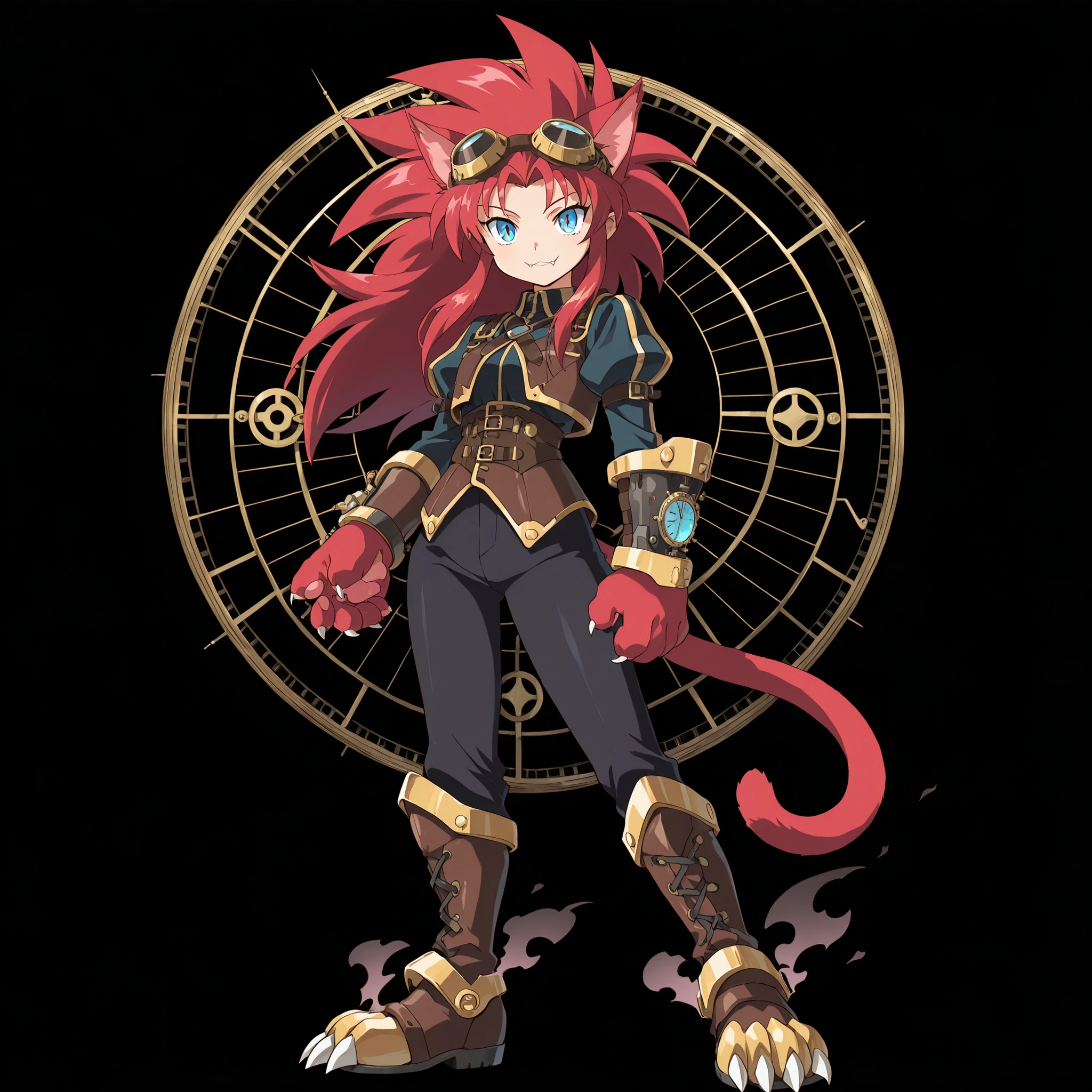 ((solo:5.5)), score_9, score_8_up, best quality, masterpiece, 2d, intricate details, official style, anime, anime style, full body picture, catgirl, 1girl, red hair, spiked hair, blue eyes, enchanting eyes, wild hair, long hair, small smile, fangs, animal ears, pointed furred ears, red ears, red cat tail, furred cat ears, thighs, red hand paws, short hand claws, wearing steam punk armor, wearing bracers, goggles, clockwork, dark pants, clawed boots, black background, standing pose