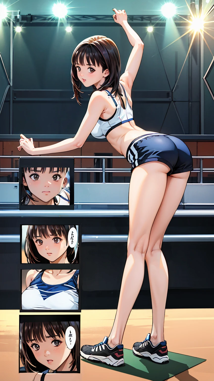 highest quality, masterpiece:), ultra-high resolution, daytime, sunny, in the gym stadium, Korean gravure model, 24 years old, tight, back shot:1.5, looking back over the shoulder:1.5, wearing a white color sport uniform, high leg, gigantic breasts, puffy nipple:1.4, skinny, bangs, long hair, brown hair, choppy hair, unkempt hair:1.2, gorgeous earrings, beauty, embarrassed, blush:1.3, mature woman, inside volley ball field,