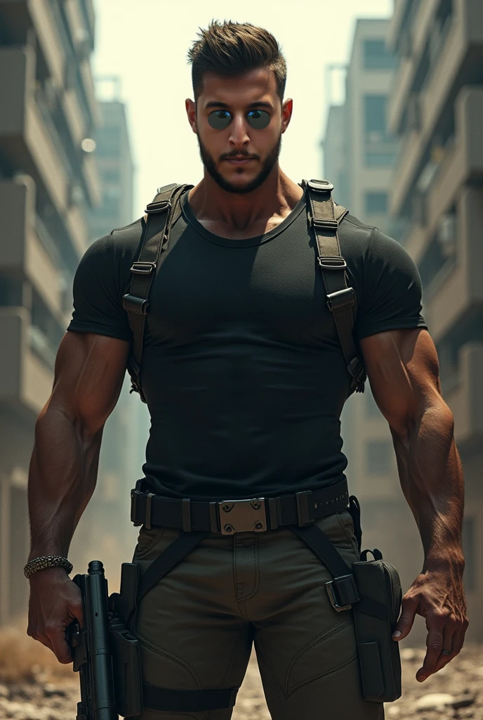 chris redfield, a very handsome young man, sunglasses, wearing a gray shirt, on a black background