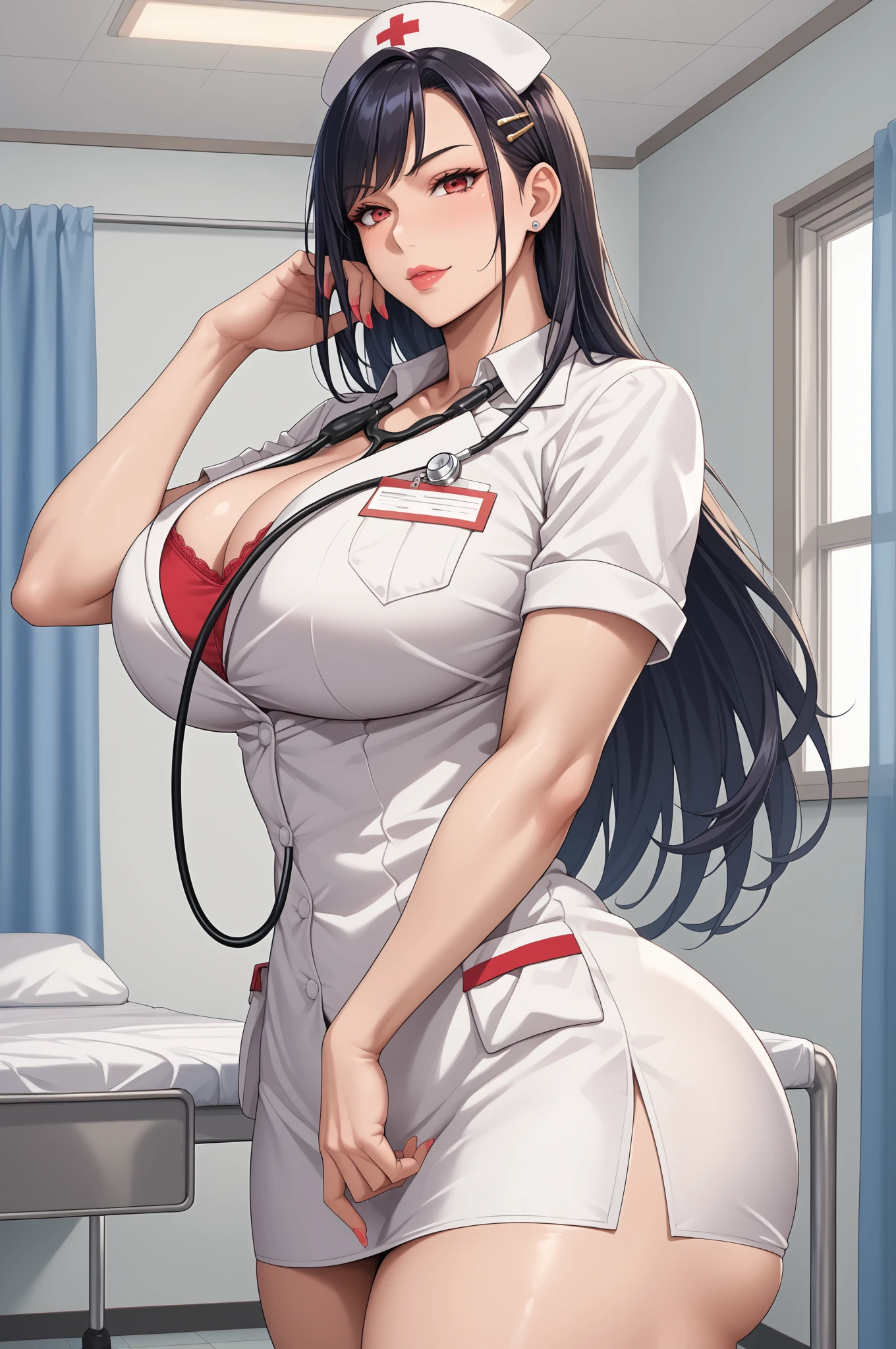 hospital, latex nurse suit,nurses,busty,elbow gloves,labcoat,darkhair woman, blue eyes , gigantic boobs ,medical instruments,asian nurse,two nurses,speculum,examination room,oversize boobs,mask ,big ass ,strap on, lay on table ,legs spreaded,giving birth,gyno chair , dentist