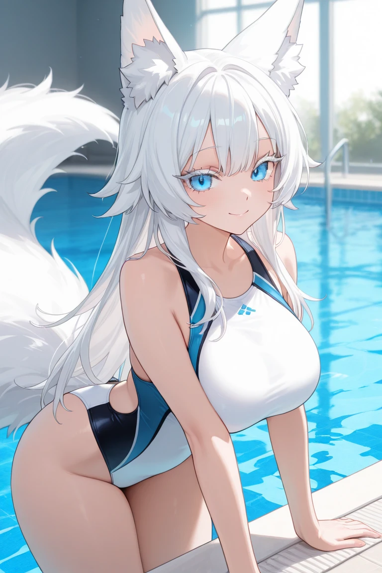 a beautiful detailed white kitsune girl, long white kitsune ears, multiple white kitsune tails, blue and yellow one piece slited swimsuit, 8k, anime style, yellow eyes, big breasts, extremely detailed eyes and face, ultra-detailed, 4k, high quality, vibrant colors, long white hair, mature woman, wide waist, wide hips