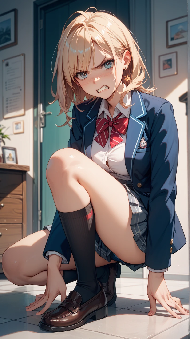 ((masterpiece,highest quality,High resolution,、1 girl,huge breasts,dressed,looking at the viewer),school uniform)),erect nipples,Upper body,panty shot,NSFW,red eyes、evil smile、open your mouth、white skin,blonde、highly detailed face、、Ahegao,sexy、(thin clothes)、fine hands、attractive breasts、、10 year old girl,classroom