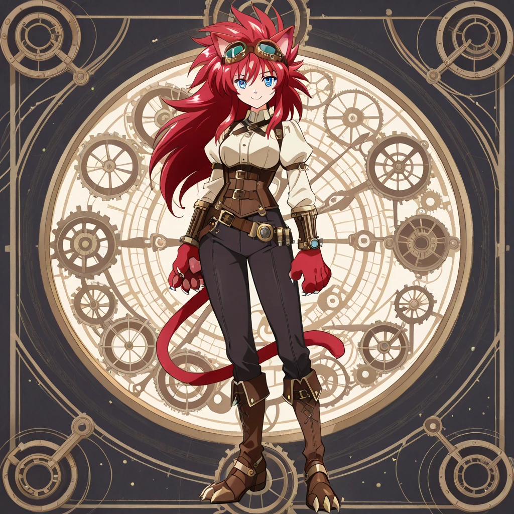 ((solo:5.5)), score_9, score_8_up, best quality, masterpiece, 2d, intricate details, official style, anime, anime style, full body picture, catgirl, 1girl, red hair, spiked hair, blue eyes, enchanting eyes, wild hair, long hair, small smile, animal ears, pointed furred ears, red ears, red cat tail, furred cat ears, thighs, red hand paws, short hand claws, wearing steampunk armor, wearing bracers, goggles, clockwork, dark pants, clawed boots, steampunk city background, standing pose