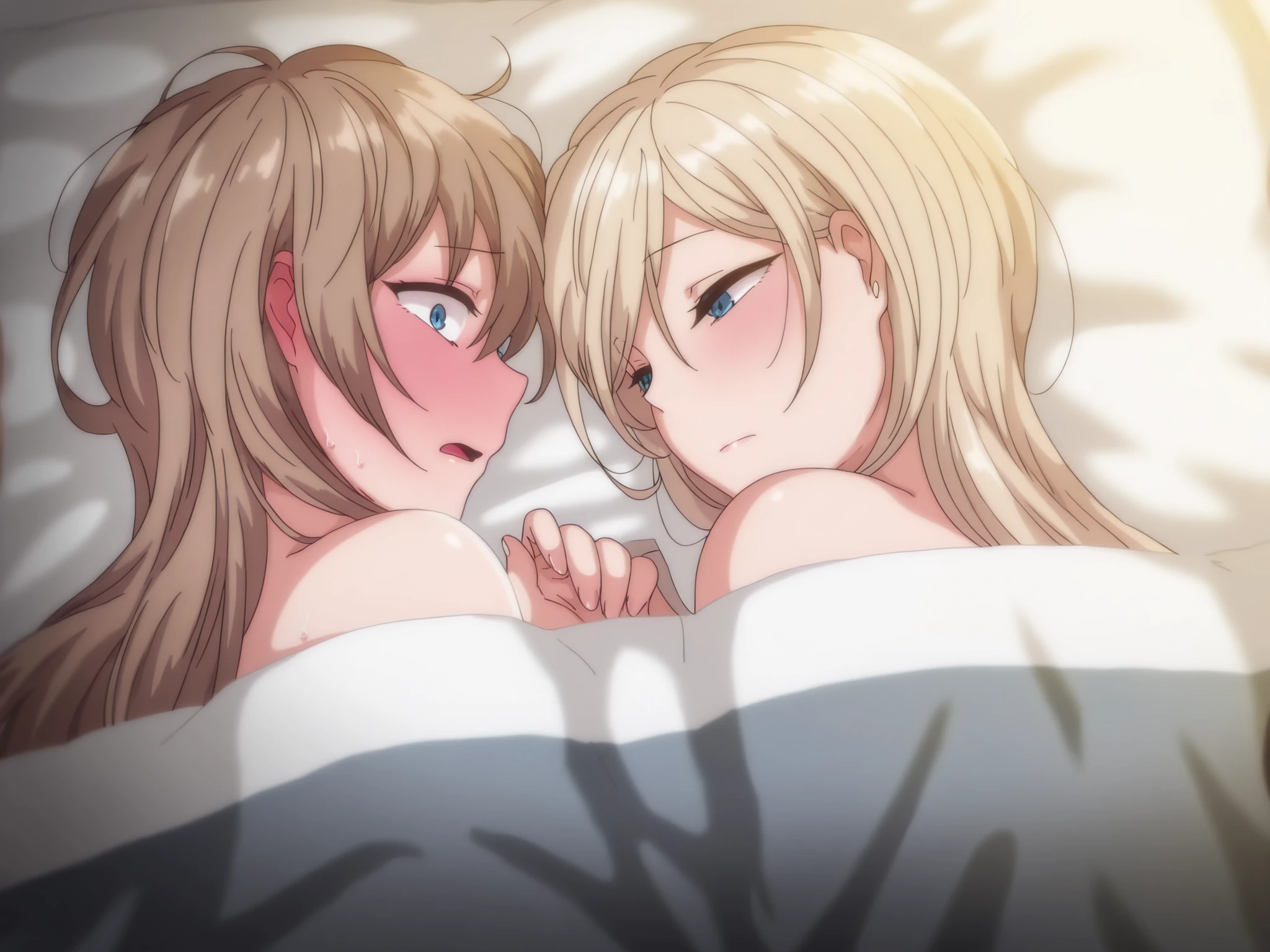 masterpiece, best quality, amazing quality, 2 girls , kurashiki reigns, long hair, blue eyes, blonde hair, chisa, alone, chisa_IlXL, brown hair, lying up, naked, covered by the duvet, shocked, shy, blushing,there is 1 boy in the middle of them, he is sleeping, he is dark-skinned, he has brown hair
