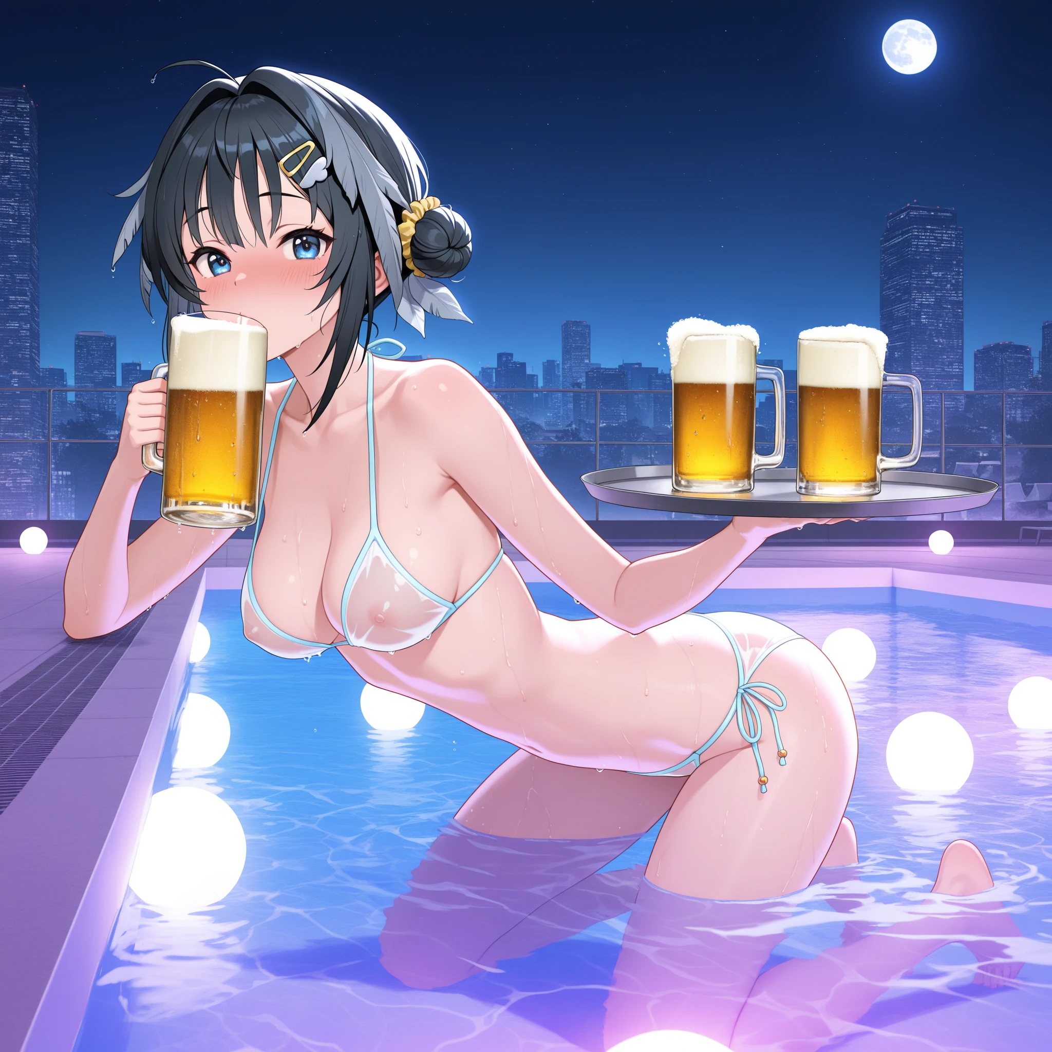 hiten kei style, claude monet, oil painting, night, denim pants, ((topless)), nsfw, masterpiece, street lamp, city, 1 girl, erect nipples, intricately detailed, navel, bare shoulders, brown hair, necklace, extremely detailed, bare breasts, puffy nipples, yellow eyes, bare stomach, wet, wet body, medium breasts, arm strap, teen, soft eyes, armpit, open mouth, half open eyes, lusty eyes, blushing, head tilt, side bangs, huge nipples, bracelet, neon lights, belt, holding beer bottle, legs