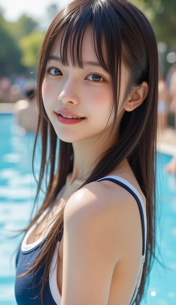 very cute and beautiful girl, 16 year old girl, (beautiful face and very detailed eyes), (1 piece swimsuit in black red),
standing at the edge of the swimming pool, small colorful flowers on the meadows,
(smile), looking at viewer, black hair, cowboy photo,
(best quality, masterpiece: 1.0), absurd, high resolution, ultra detailed, extremely detailed, 32k,
cinematic scene, detailed background, single player mode, dynamic angle,
hair fluttering in the wind, beautiful detailed sky,