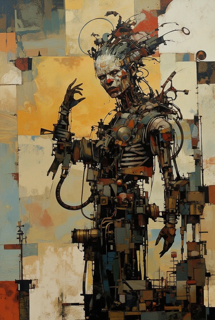 bald young man with black beard and very thin, robotic arms, robotic parts, plugged into machinery, recharging, (art inspired by Bill Sienkiewicz). oil painting) 