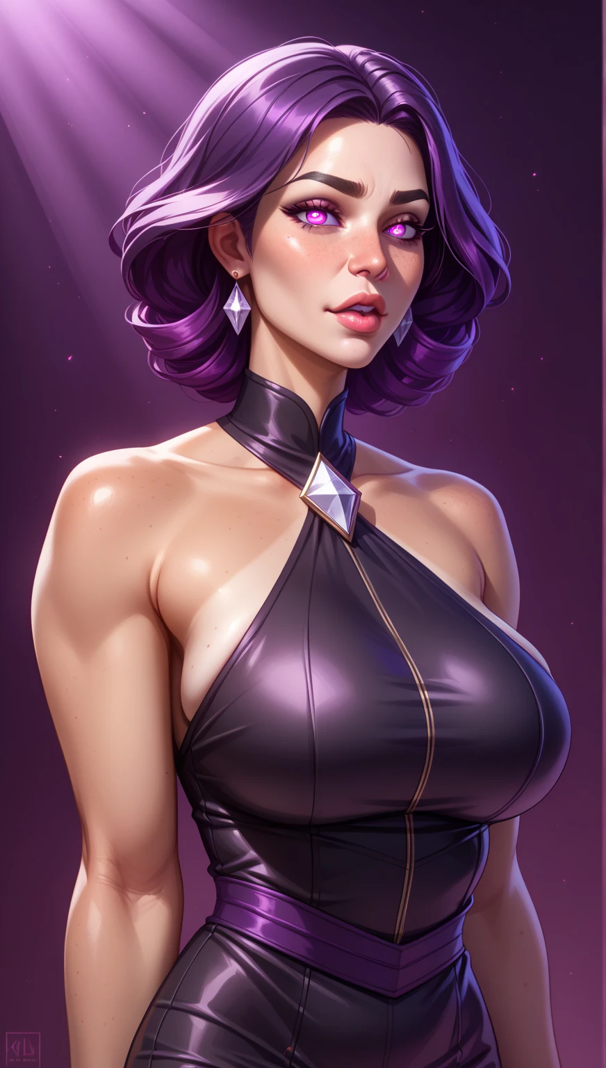In this image, we see a naked woman with purple hair and a purple wig. She is standing with a box in her hand. The woman is depicted in a painting, and has a chest full of magic. Additionally, there is a bottle of wine in the background, adding a sense of mystery to the scene. The woman''s hair and tattoos are prominent features, adding to her unique and captivating appearance. The overall color palette includes shades of brown, purple, and black, creating a moody and enchanting atmosphere. The woman''s expression is calm and serene, adding to the surreal and dream-like quality of the image.