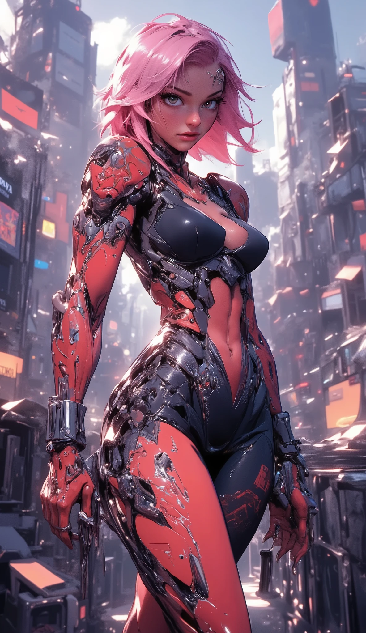 (ультра realistic), (Figure), (high definition), (8 k), (Very detailed), (Best Figure), (detailed and beautiful eyes), (Top quality), (Super detailed), (masterpiece), (wallpaper), (detailed face), Generate a highly realistic image of Kerrigan, Lizard girl , nsfv, pink hair, short hair, straight hair, climbing a, Shiny skin, protruding collarbones, skinny arms, flat stomach, visible thigh bones, захватывающей каждую деталь с potрясающей четкостью, ((perfect anatomy:1.2,realistic:1.3,raw photography:1.3,masterpiece、Top quality、Ultra - high definition、high definition、Highly detailed computer graphics、8 k)), The outfit should be seductive ,overly frank, unzipped:2.0, ((the costume is unbuttoned )), narrow waist, wide hips , solid body, the gap between hips, skinny, (oily skin,Shiny skin,pale skin, pot:1.2), side view,