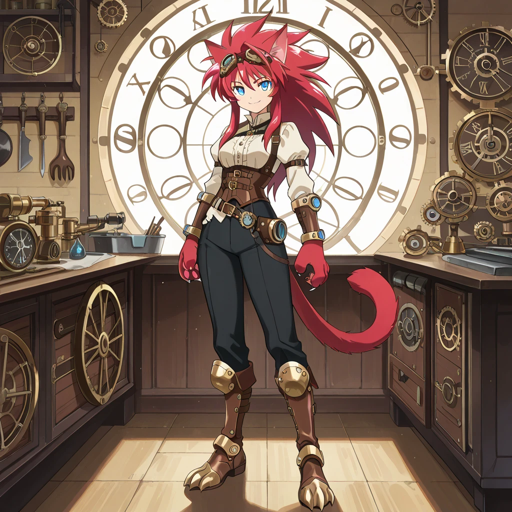 ((solo:5.5)), score_9, score_8_up, best quality, masterpiece, 2d, intricate details, official style, anime, anime style, full body picture, catgirl, 1girl, red hair, spiked hair, blue eyes, enchanting eyes, wild hair, long hair, small smile, animal ears, pointed furred ears, red ears, red cat tail, furred cat ears, thighs, red hand paws, short hand claws, wearing steampunk armor, wearing bracers, goggles, clockwork, dark pants, clawed boots, workshop, standing pose