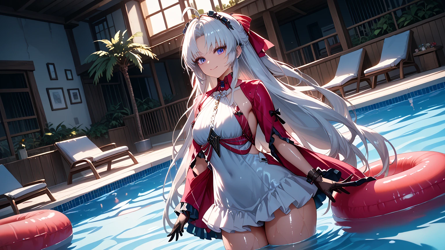 High quality, masterpiece, wallpaper, 1 antique beauty, (wearing transparent white gauze:1.3), long hair fluttering, (bikini:1.3), Holding a long wooden stick in one hand, walking,(nsfw:0.8),
