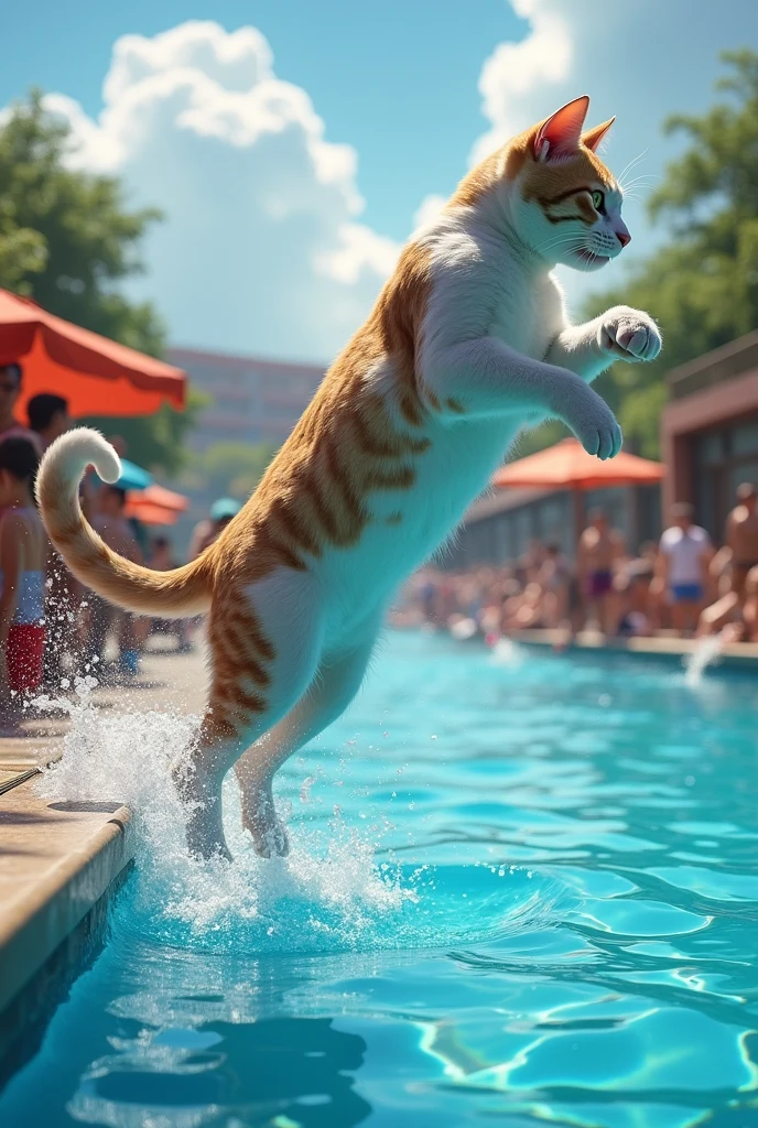 Max Masterpiece、best quality、Best Drawing、A cat is doing a swan dive in a water park。drawing from side 、The weather is sunny、 lots of customers 。